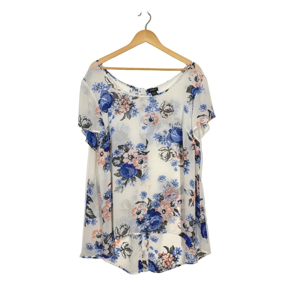 Torrid Blouse Women 2X White Blue Floral Button Back Chiffon Top Sheer Cottage